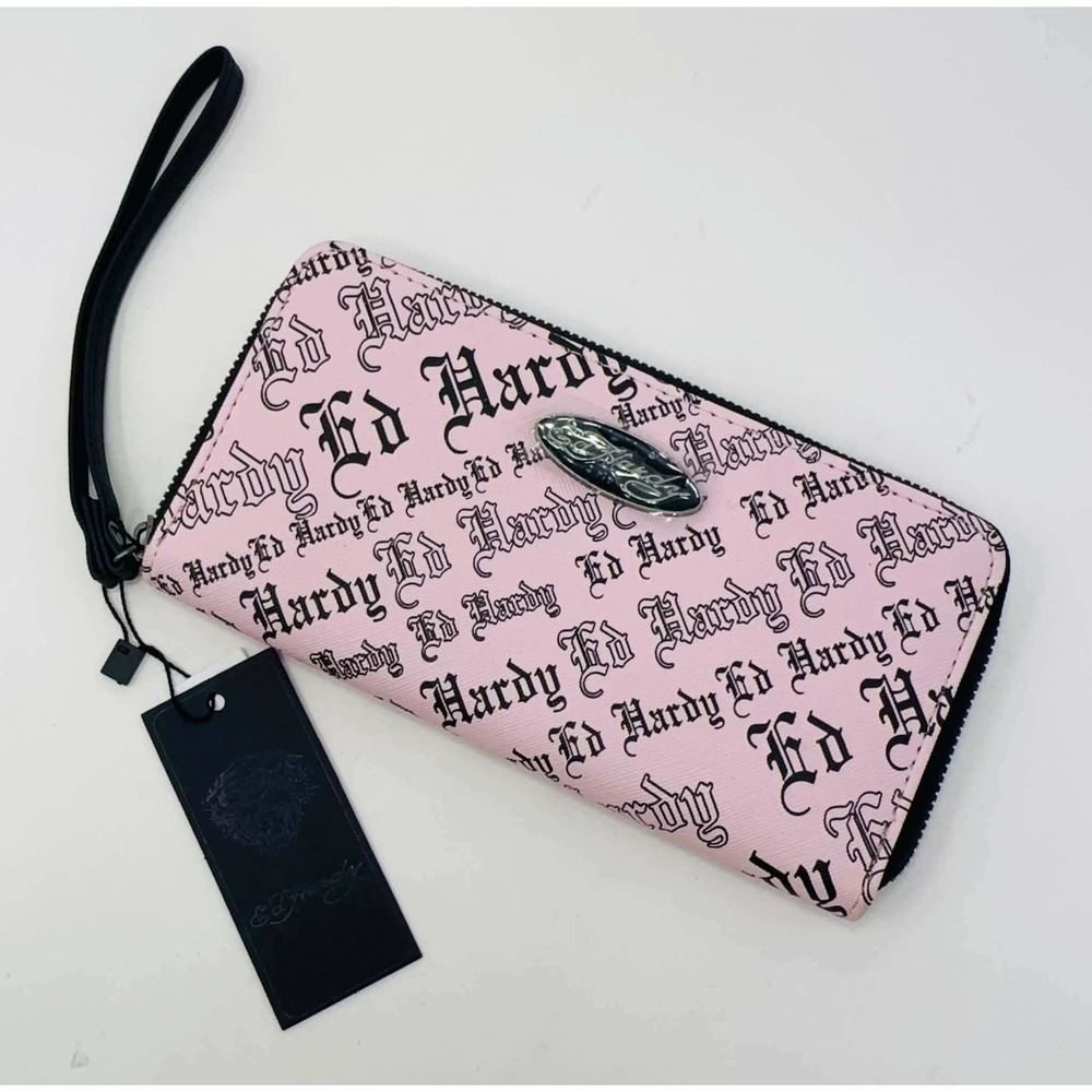 NEW Ed Hardy Pink Black Logo Print Zip Around Wristlet Wallet Y2K Tattoo Style